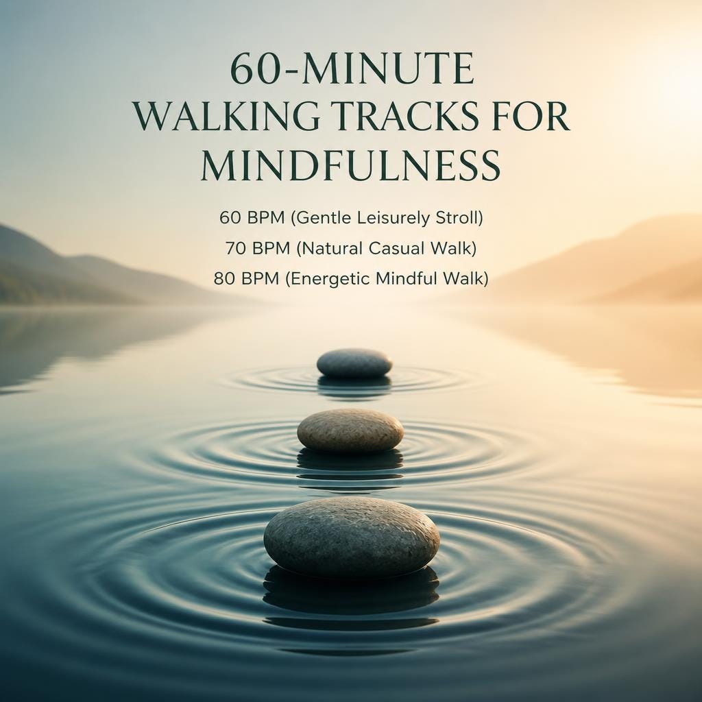 Mindful Walking Meditation 60, 70, 80 BPM 3 Hour Audio Pack, Gentle Stroll to Brisk Walk